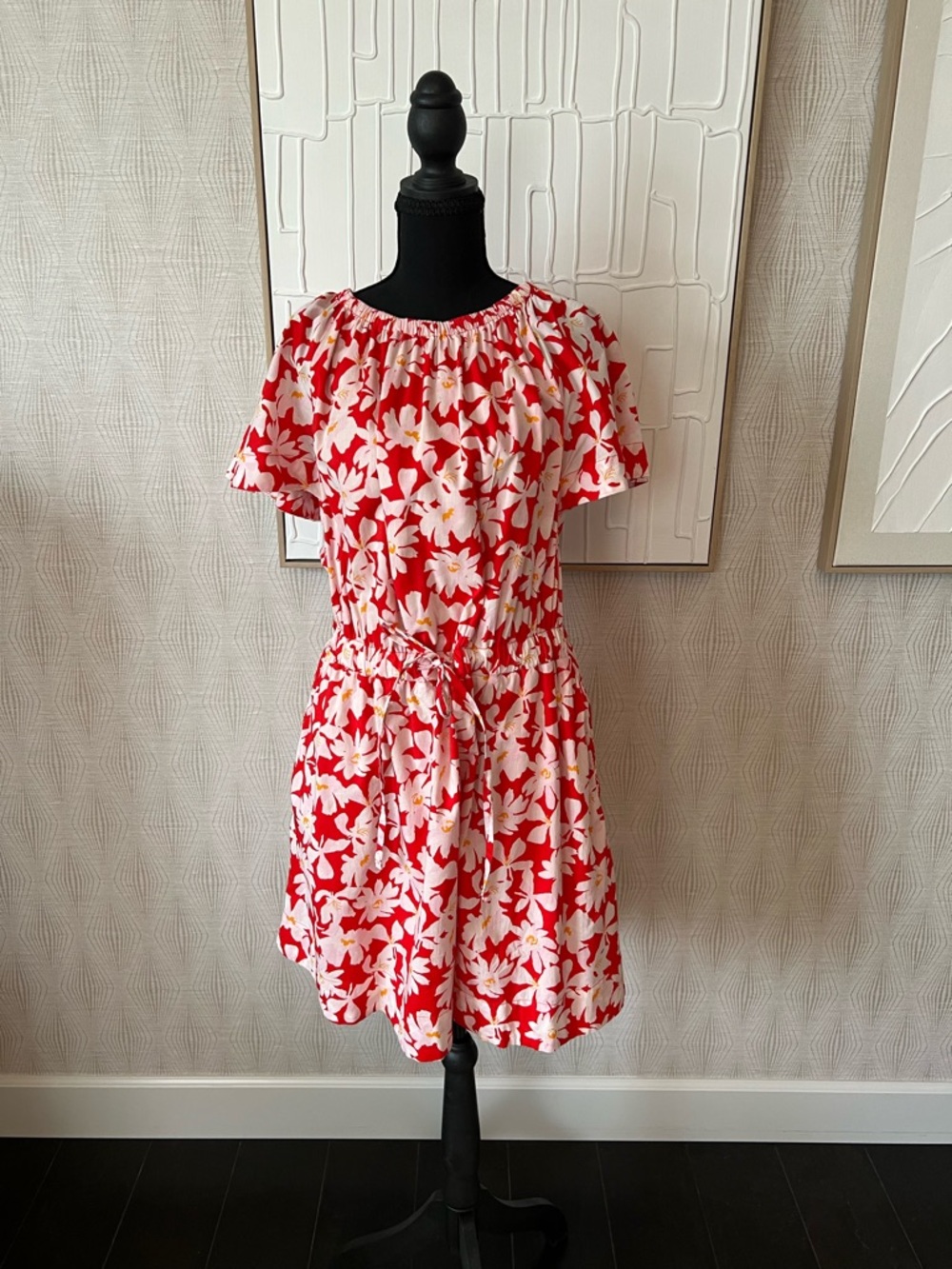 Floral Off-Shoulder Tie-Waist Dress in Red and White